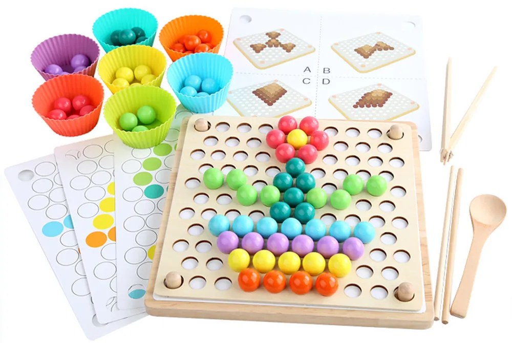 3 az 1-ben fa társasjáték, golyós kirakók, repülős sakk