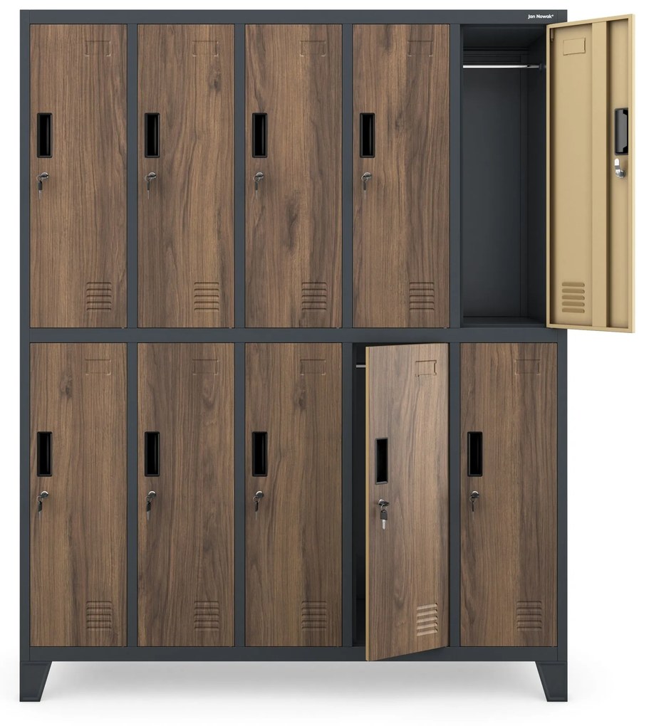 Pléh öltözőszekrény lábakon, 10 rekeszes BARTEK, 1360 x 1720 x 450 mm, Eco Design: antracit/ dió