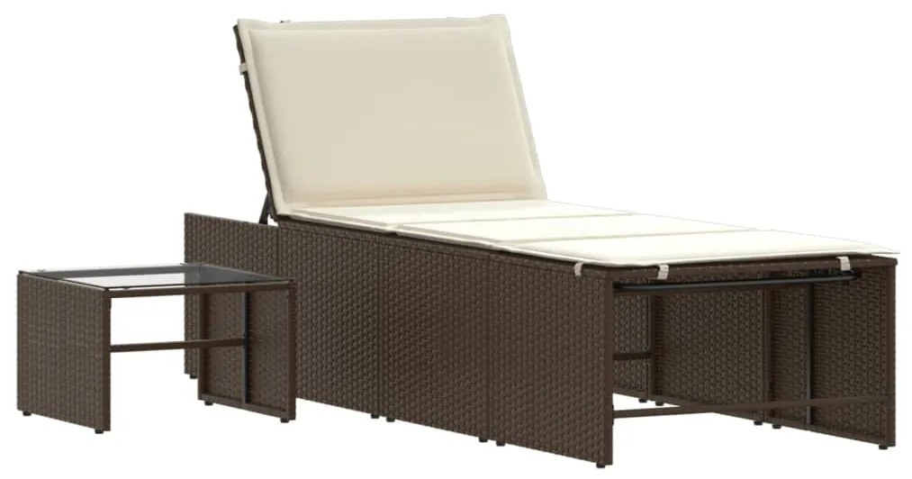2 db barna polyrattan napozóágy asztallal