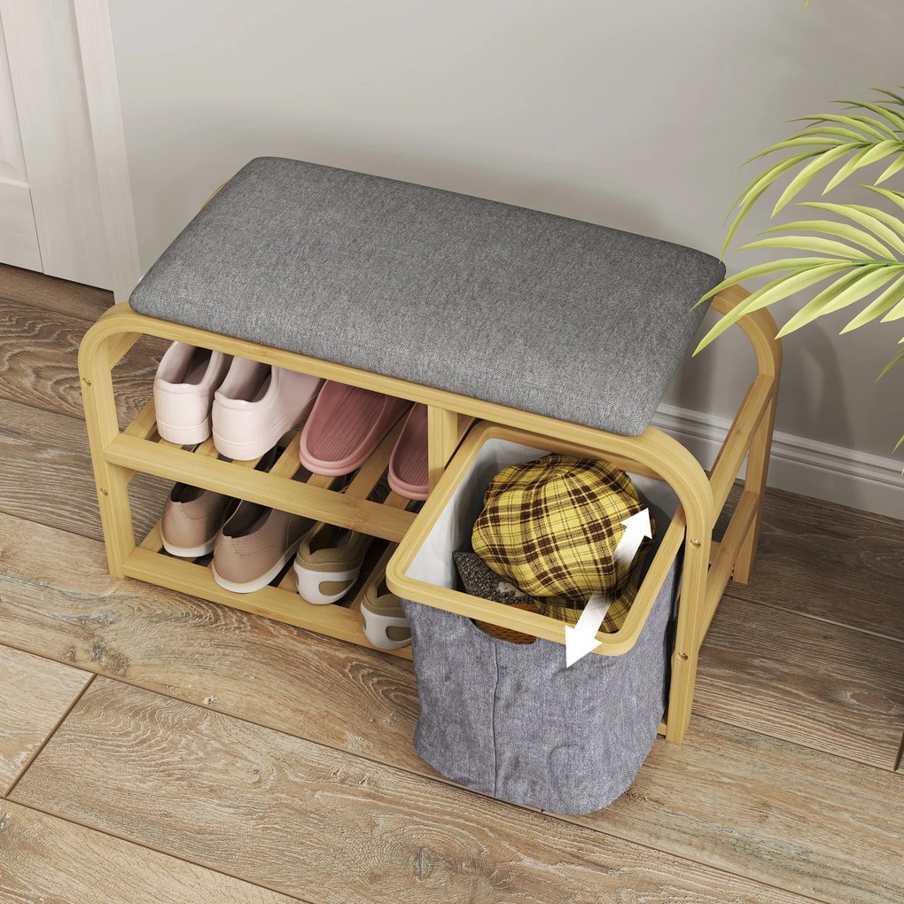 HOMCOM Bambusz Cipőpad Cipőszekrény Párnázott Üléssel, 2 Rácsos Polccal és Csúsztatható Szövet Kosárral, Előszobai Pad, 70x30x45cm, Természetes fa | A