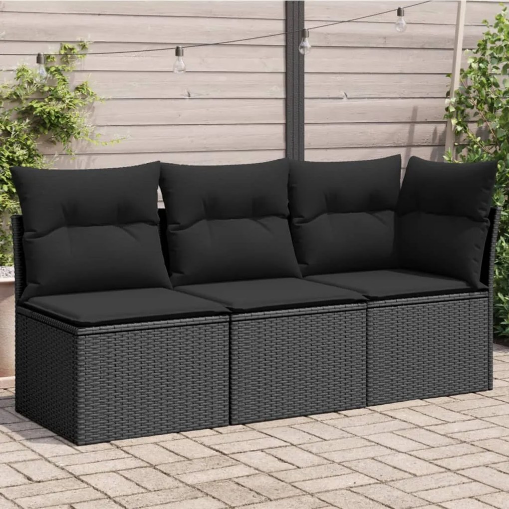 Fekete 3 személyes polyrattan kerti kanapé párnákkal