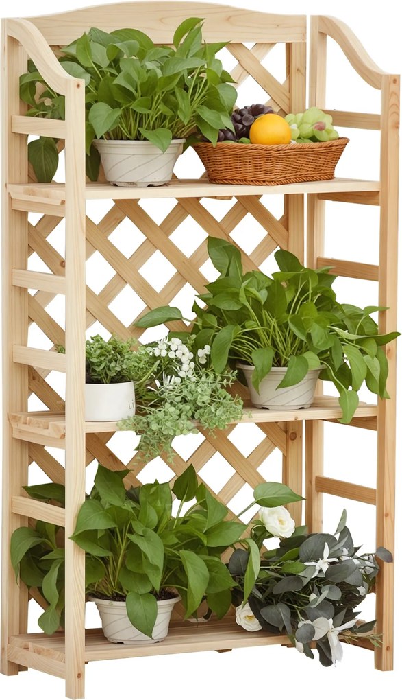 Outsunny Kültéri Virágtartó, Összecsukható Erkélyi Virágcserép Tartó 4 Magasságban Állítható Polccal, Kert és Otthoni Dekorálás Fából, 67x33x123cm | A