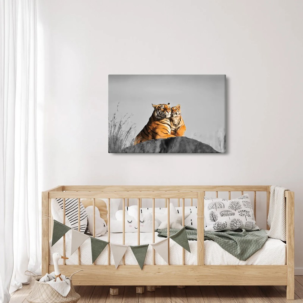 Kép - Tigris és a kölyke, fekete-fehér változat (90x60 cm)