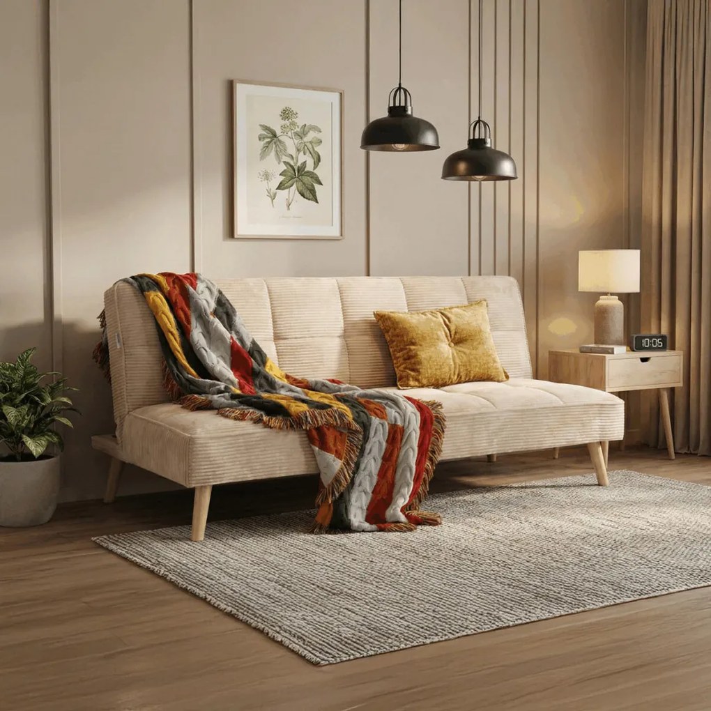 Háromszemélyes kihúzható kanapé, bézs, kordbársony szövet, ASB-C3030 CRM6