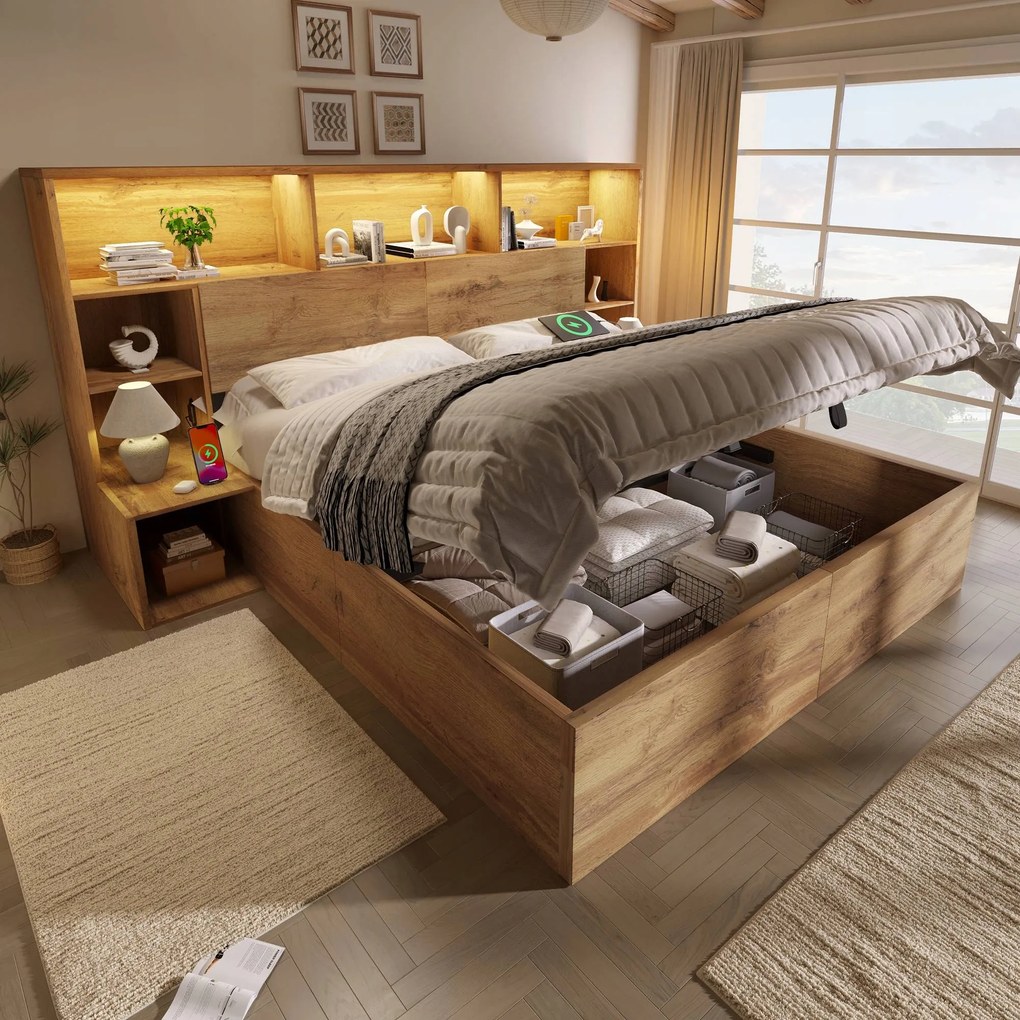 Franciaágy Fa ágy 180x200cm hidraulikus polc Led dolgozószoba tölgy