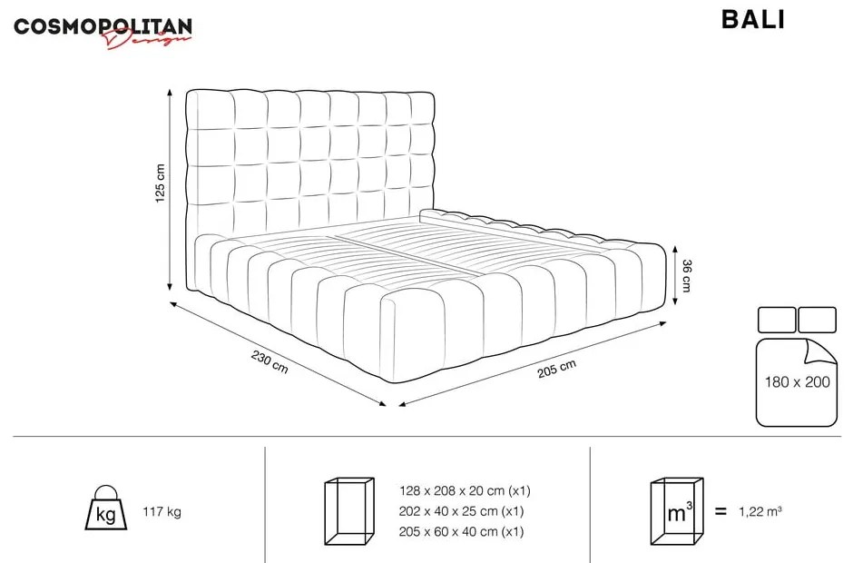 Szürke kárpitozott franciaágy tárolóhellyel, ágyráccsal 180x200 cm Bali – Cosmopolitan Design