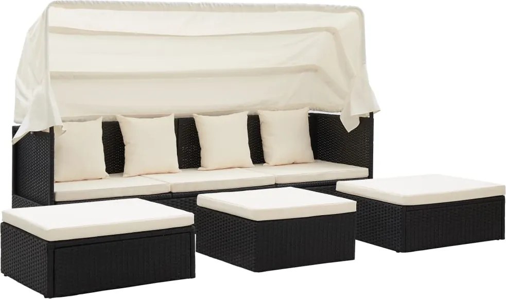 vidaXL fekete polyrattan kerti napozóágy tetővel