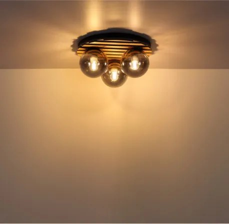 Globo 54343-3 Mennyezeti lámpa, matt fekete fém, sötét fa hatású MDF, füstszínű üveggömbök, ø: 390 mm, M: 200 mm, 3xE27 40W 230 V izzók nélkül