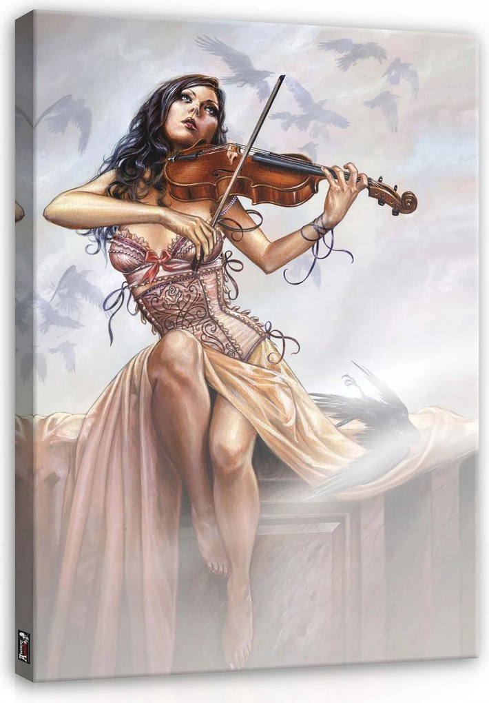 Vászonkép 60x80 Melankólia nő hegedű madarak zene misztikus