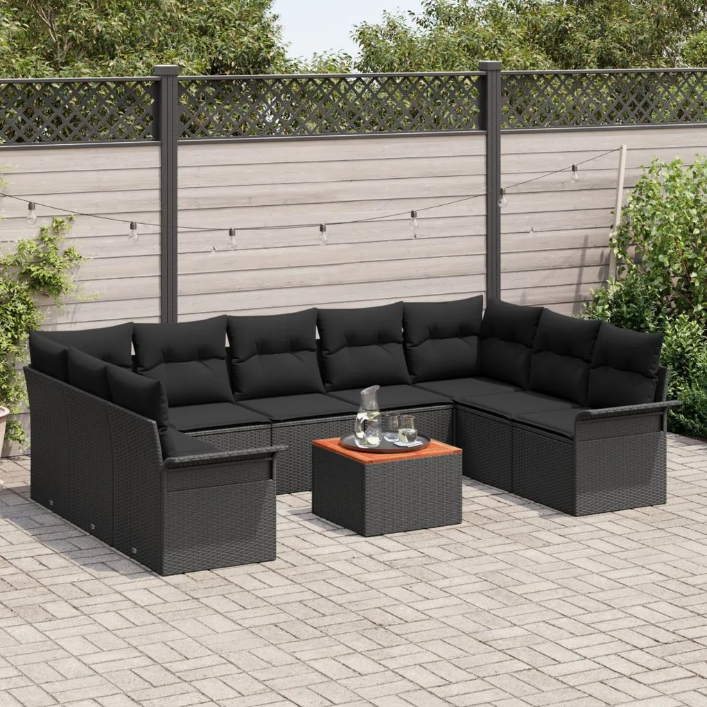 10 részes kerti kanapé szett párnákkal, fekete, poli rattan, akác, 2 fős kerti kanapé tárolóval és párnákkal, fekete, poli rattan