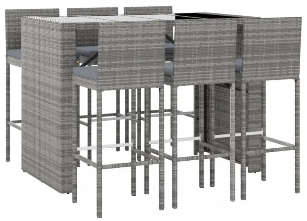 vidaXL 7 részes szürke polyrattan kerti bárszett párnákkal