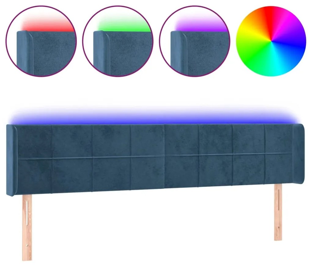 sötétkék bársony LED-es fejtámla 163 x 16 x 78/88 cm