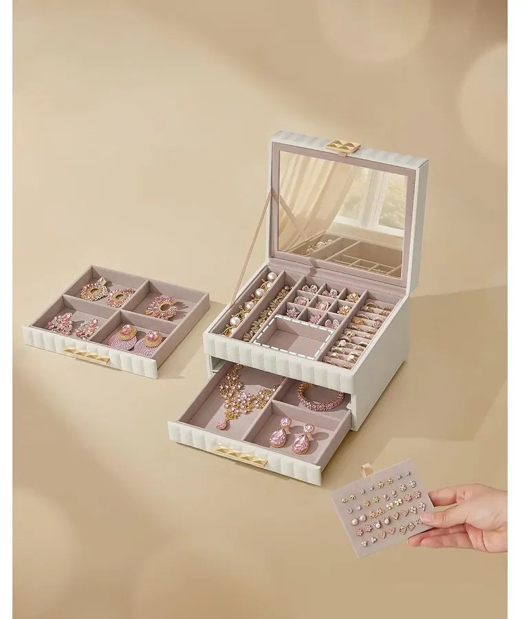 3 szintes ékszerdoboz tükörrel, ékszertartó 2 fiókkal, felhőfehér