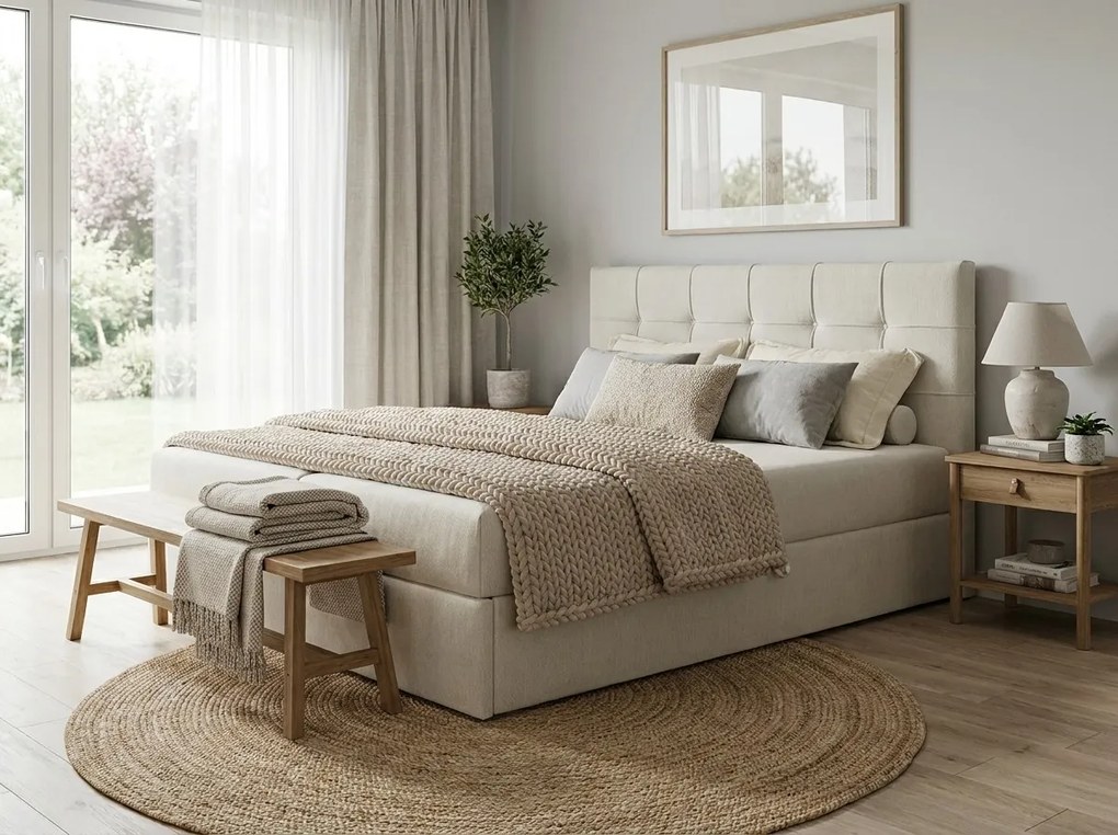 Kárpitozott boxspring ágy DIRELIS VIBE 180x200 cm krém színű Matrac: Bonell rugós matrac