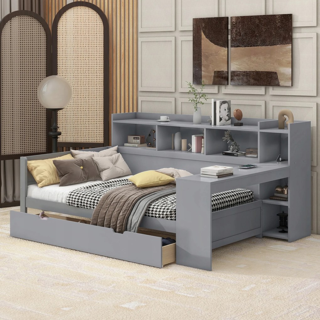 Kanapé ágy 90x200cm Usb tápcsatlakozó 2 fiók Éjjeliszekrény Szürke