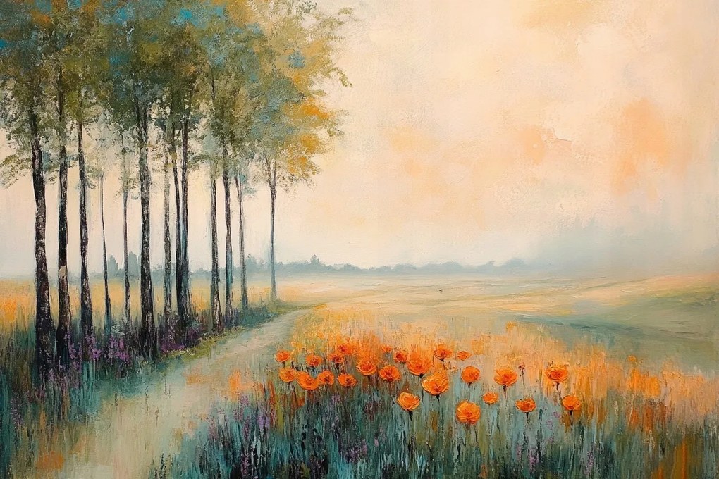 Fotótapéta Flizelina Tájkép Falu Ösvény Virágok Pipacsok Fák 208x146 ragasztó