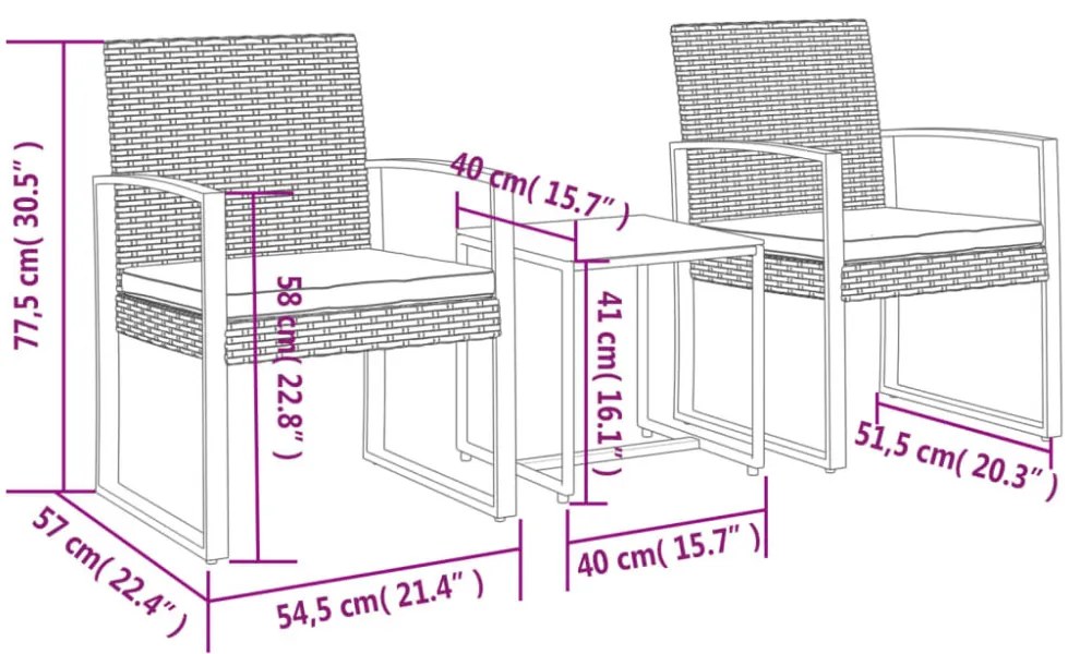 3 részes barna polyrattan kerti étkezőgarnitúra párnákkal