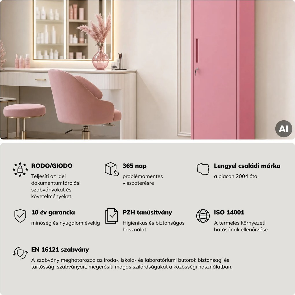 Keskeny fém irodai iratszekrény, púderrózsaszín, 450x1850x400 mm: ALEX Fresh Style