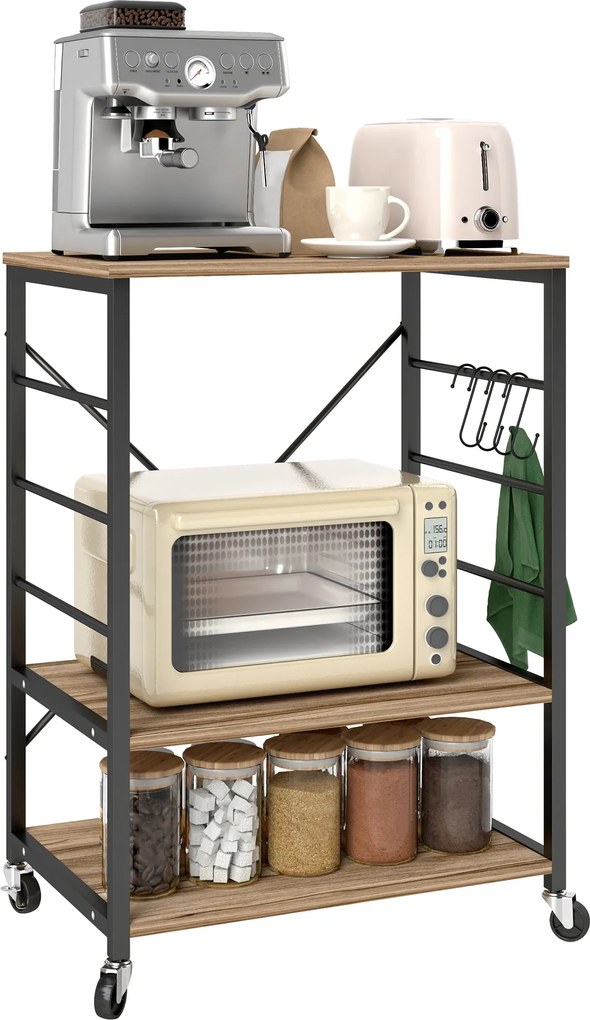 HOMCOM 3-Szintes Ipari Stílusú Konyhai Polc, Mikrohullámú Sütő és Tálalókocsi Kerekekkel és 4 Akasszal, Acél Szerkezet, Nappalihoz és Könyvtárhoz, 60x