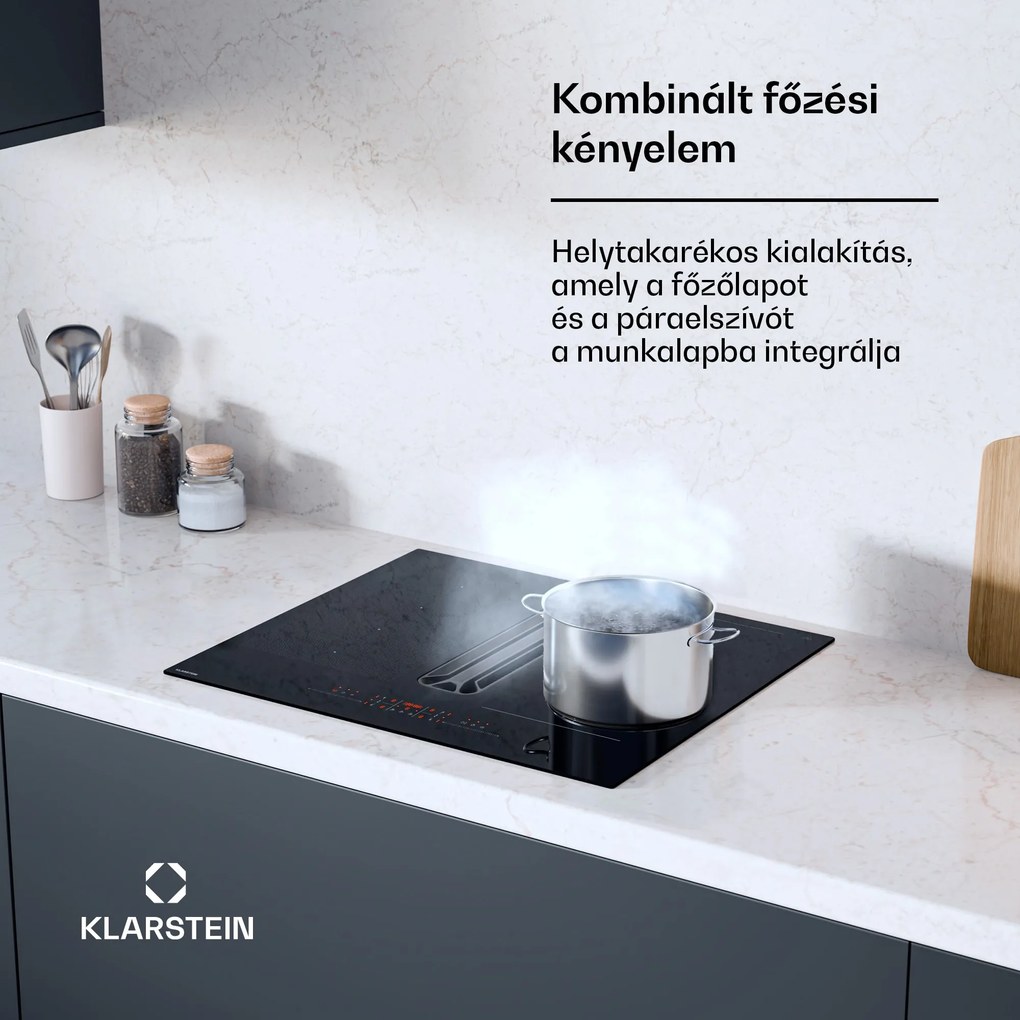 Klarstein AirJet Hybrid Down Air System, Indukciós főzőlap beépített páraelszívóval, 477 m³/h, EEK A+