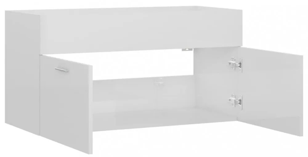 magasfényű fehér szerelt fa mosdószekrény 90 x 38,5 x 46 cm