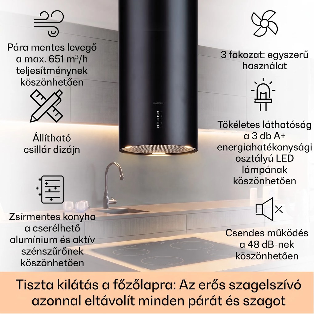 Klarstein Bolea, sziget páraelszívó, Ø 90 cm, recirkulációs/elszívás üzemmód, 651 m³/ó, LED, aktívszén szűrőkkel
