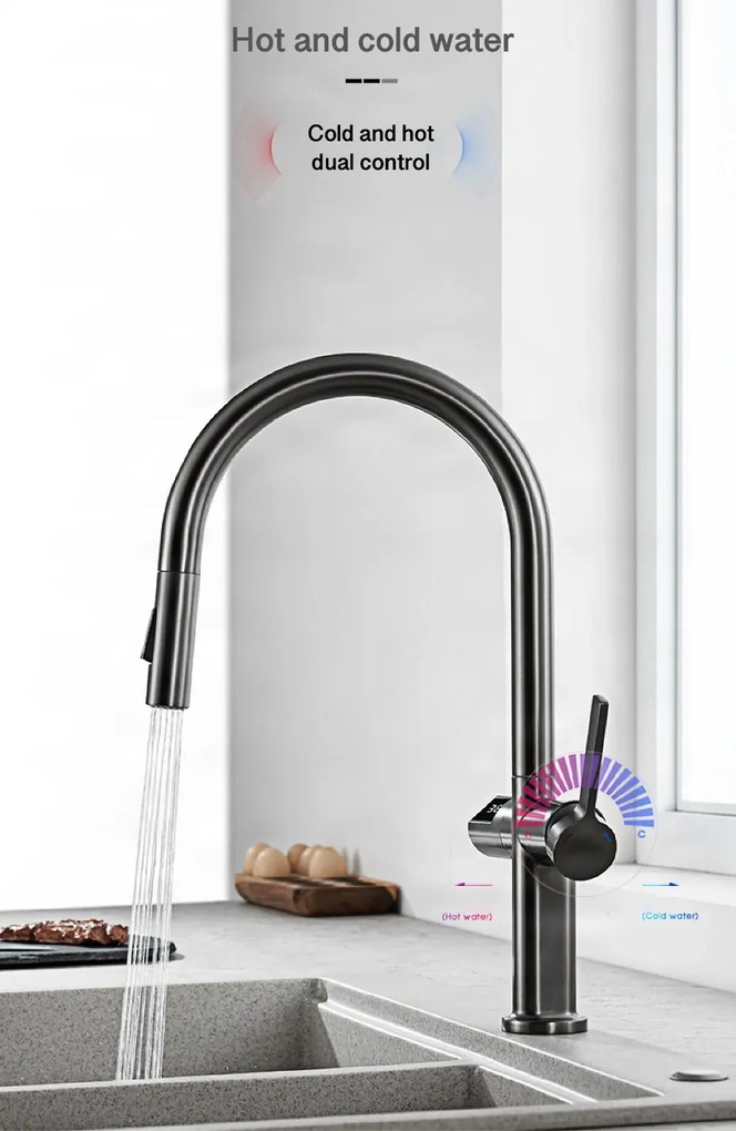 Konyhai csaptelep ELITE EDITION KSS1700 kihúzható zuhanyfejjel, LED-kijelzővel és érintésmentes érzékelővel, több színváltozatban — Matt fekete — Igen