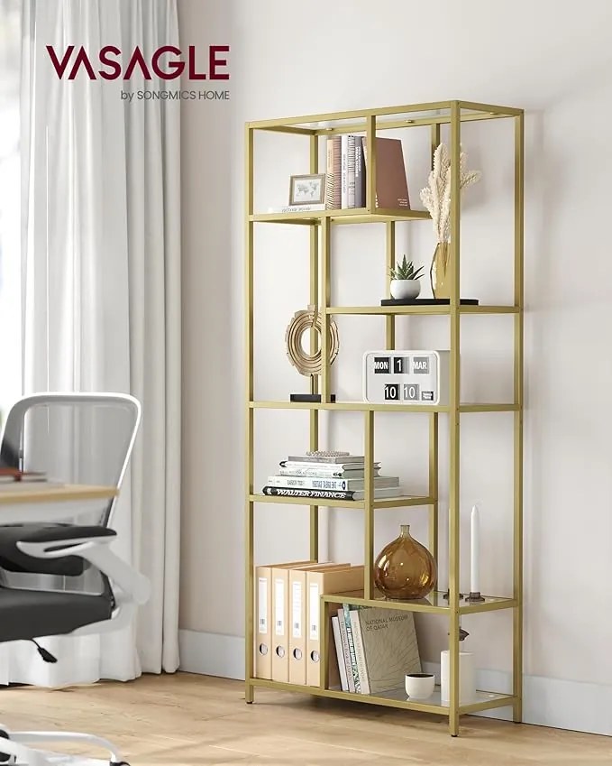 Könyvespolc, 6 szintes magas könyvszekrény 30 × 80 × 180 cm, fémes arany színben