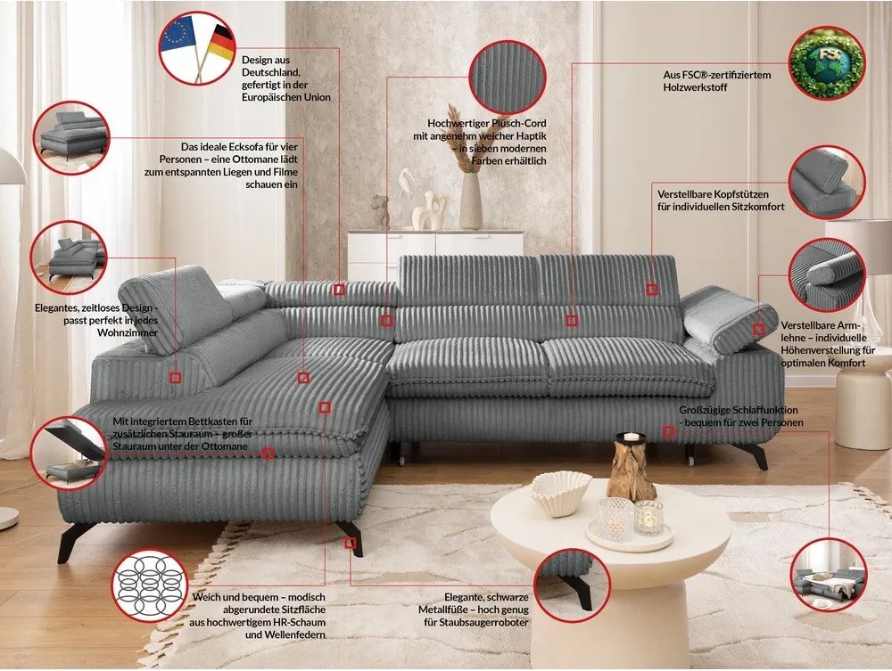 Szürke kordbársony sarokkanapé (bal oldali-L alakú) Marbeya – Ropez