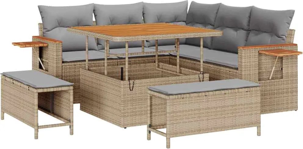 vidaXL Kerti Kanapé Szett 9 pcs Beige és Világosszürke polirattan