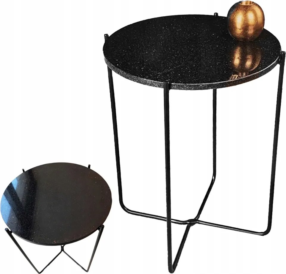 Kerek Dohányzóasztal Márvány Asztallap Fekete Valódi Kő 49cm Prémium