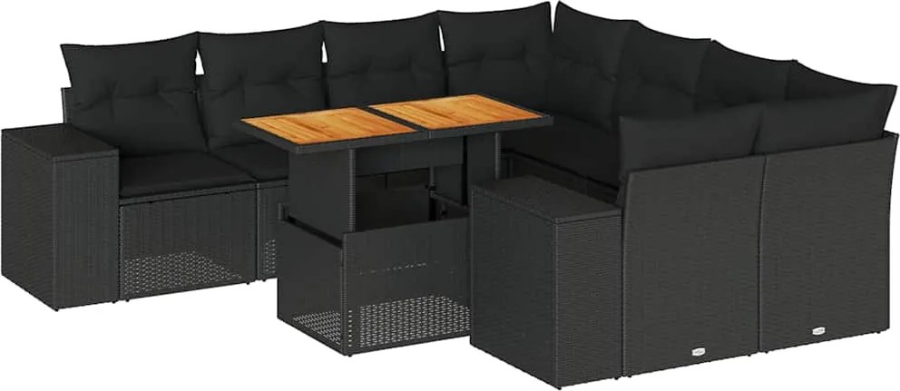 vidaXL 9 részes fekete polyrattan kerti ülőgarnitúra párnákkal