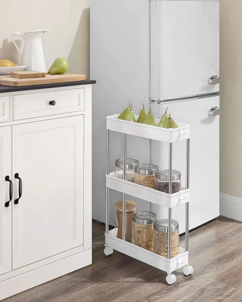 Tárolókocsi, guruló polc, 3 szintes, helytakarékos, fürdőszobába, konyhába, irodába, 40 x 12,5 x 60 cm, fehér