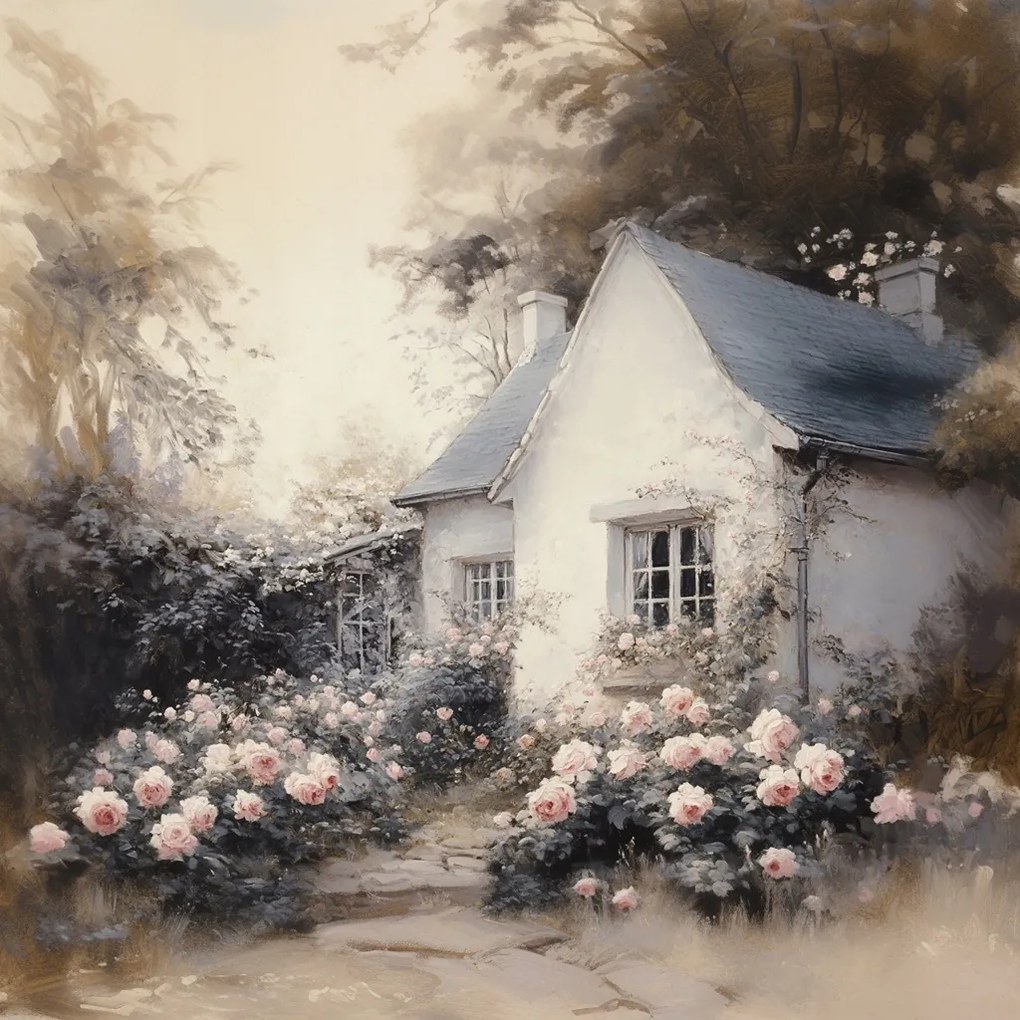 Vászonkép Canvas Tájkép Falu Ház Kunyhó Kert Virágok Rózsák 80x80