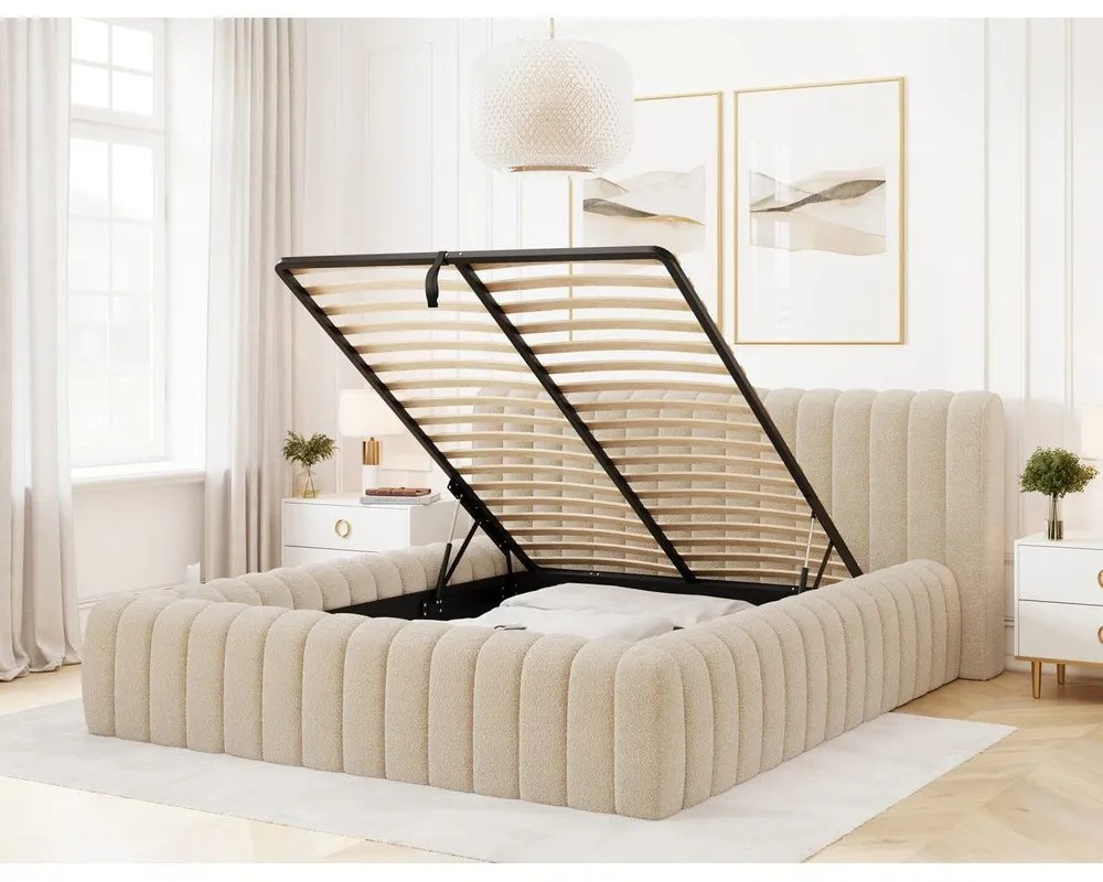 Bézs kárpitozott ágyneműtartós franciaágy ágyráccsal 140x200 cm Carilla – ELTAP