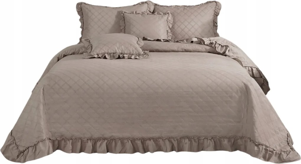 Dekoratív ágytakaró Ruffy 240x260 steppelt, taupe fodros