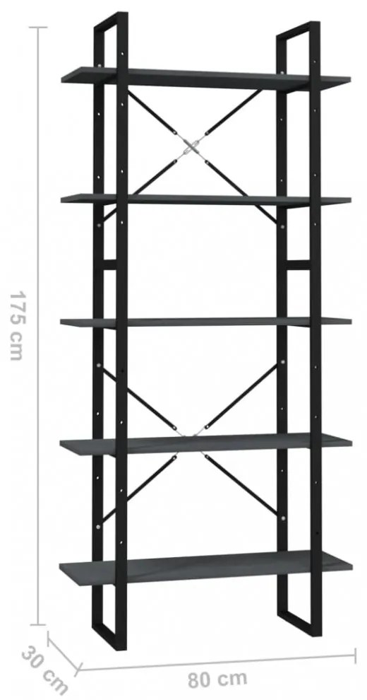 ötszintes szürke fenyőfa könyvszekrény 80 x 30 x 175 cm