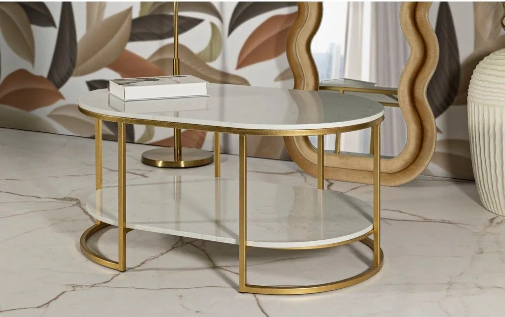 Fehér-aranyszínű dohányzóasztal márvány asztallappal 60x90 cm Izmir – Mauro Ferretti