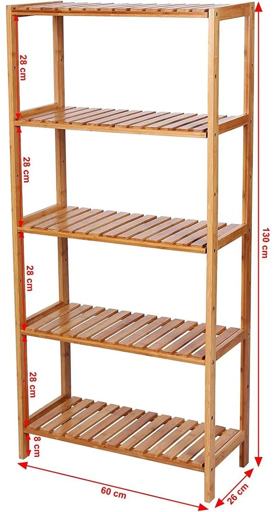 Bambusz fürdőszobai tároló, 5 szintes tároló polcok 60 x 26 x 130 cm