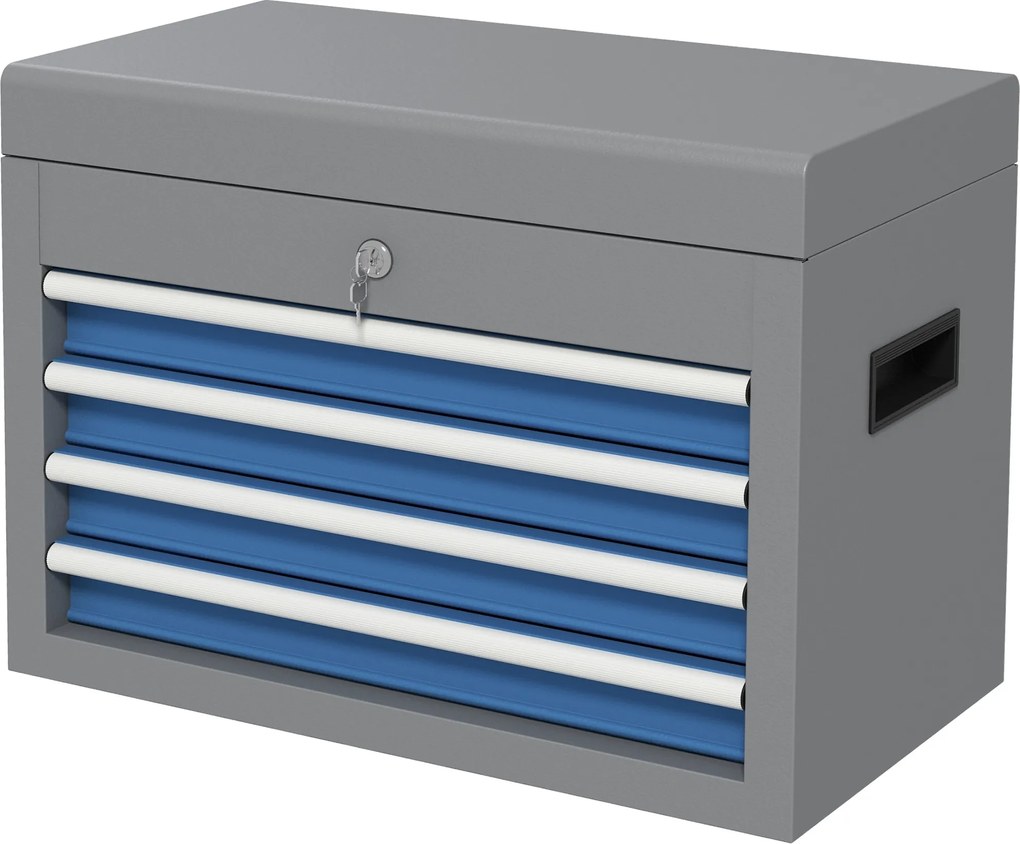 DURHAND Fém Szerszámosláda 4 Fiókkal, Felső Tálca, Zár és Oldalsó Fogantyúk, Teherbírás 20 kg, 45x24.5x32.5 cm, Szürke és Kék | Aosom