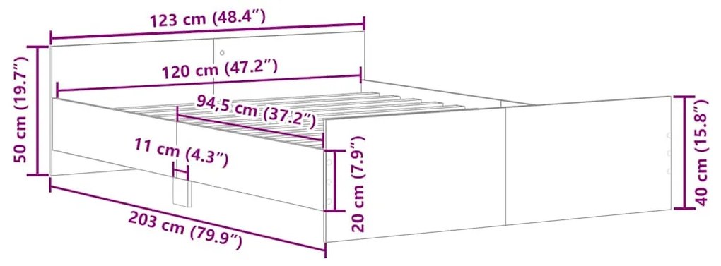 betonszürke ágykeret fej- és lábtámlával 120 x 200 cm