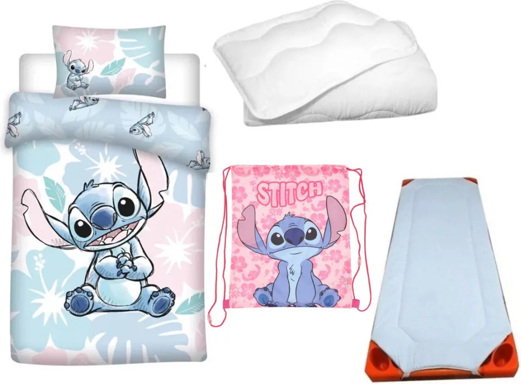 Disney Lilo és Stitch, A csillagkutya Pastel Blue Paradise gyerek, ovis ágyneműhuzat, derékalj, tornazsák és paplan/párna szett 100x135 cm 40x60 cm