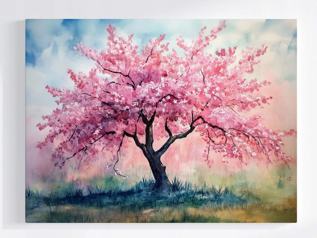 Poszter Akvarell Természet Rózsaszín Fa Virágok Tavasz 100x75