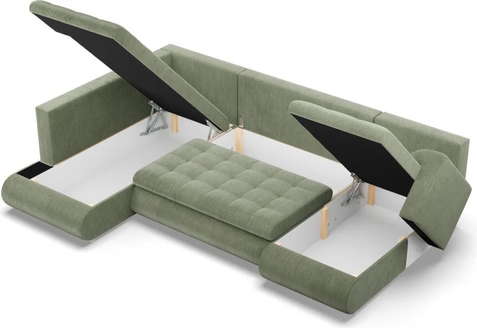 Tokio U sarokkanapé, 3 ágyneműtartóval, kordbársony, baloldali, zöld