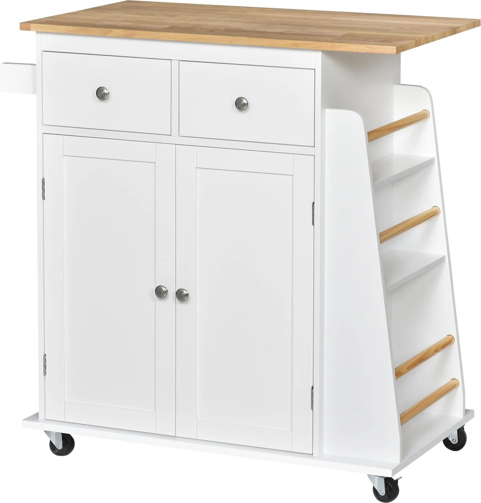 HOMCOM Konyhai Kocsi Kerekekkel, Szolgáló Trolley 2 Fiókkal, Tárolószekrénnyel, Állítható Belső Polccal, 3 Fűszerrel és Akasztóval 89x45x89.5 cm Fehér