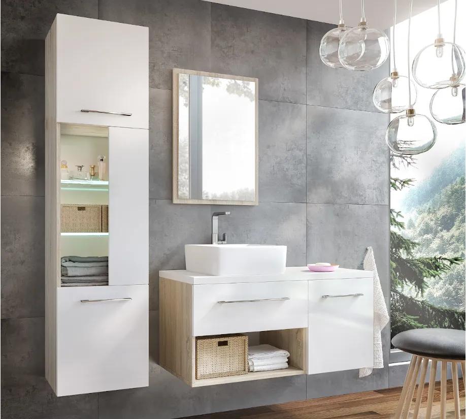 ARUBA II fürdőszoba össszeállítás mosdóval + világítás LED, magasfényű fehér/sonoma tölgy