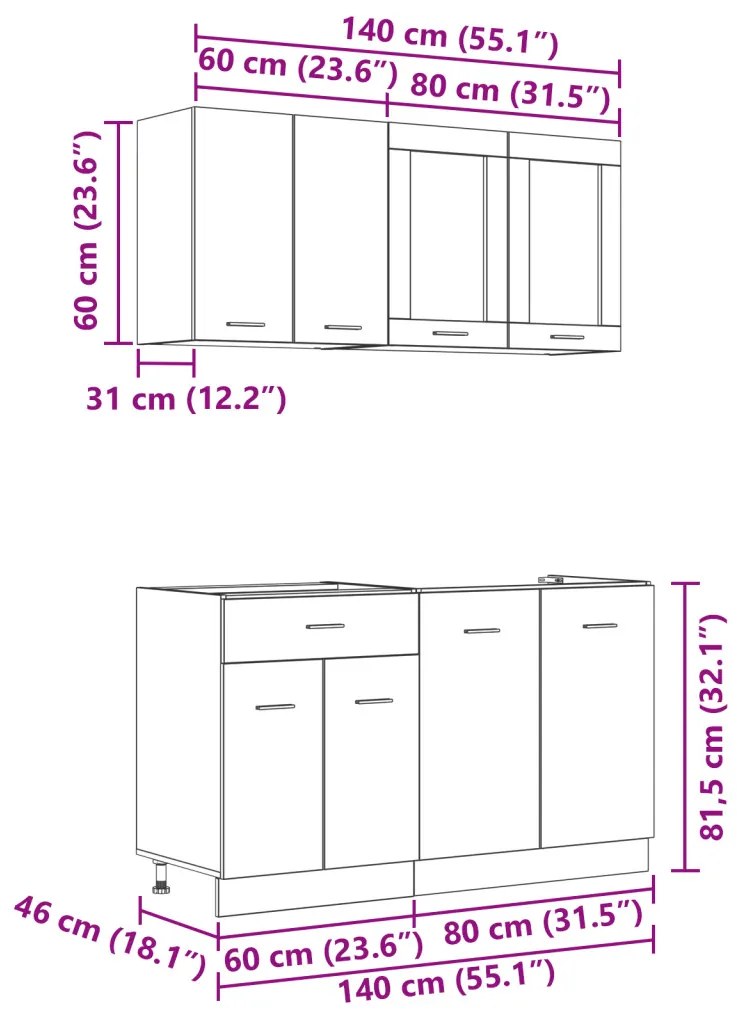 Konyhaszekrény garnitúra 4 pcs Füstölt tölgy 140 x 46 x 81.5 cm