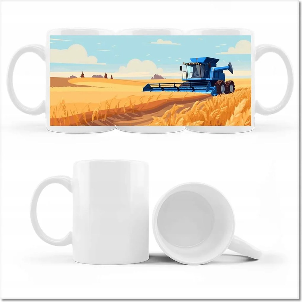 Fényképes bögre Kék kombájn az aratás mezőjén