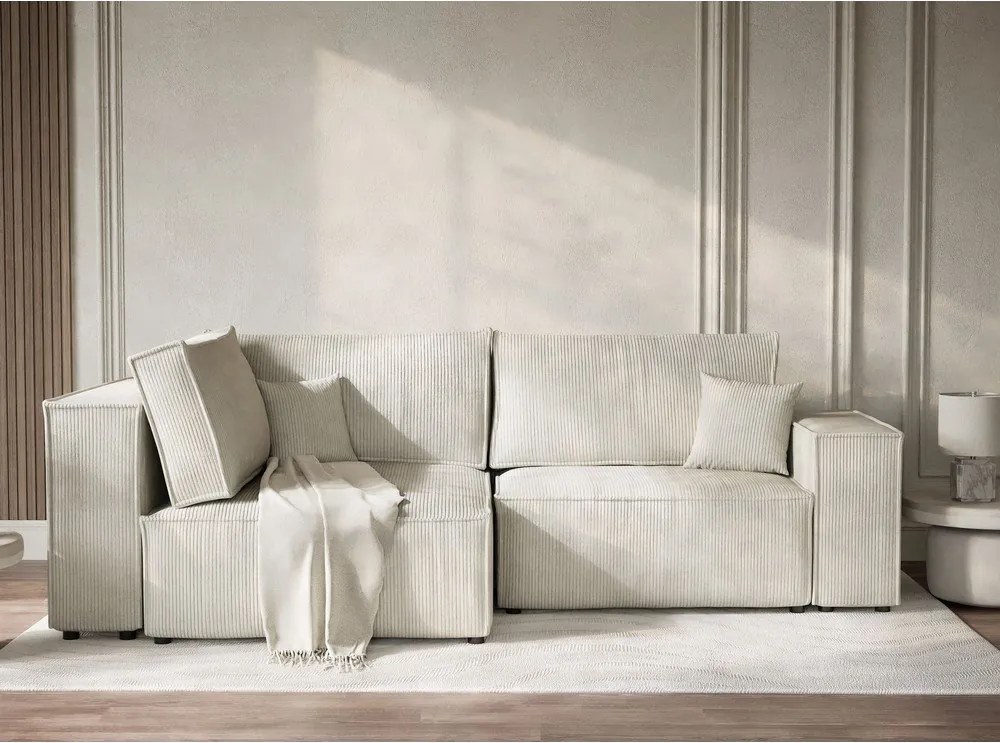 Krémszínű kordbársony kinyitható-tárolóhelyes sarokkanapé (bal oldali-L alakú) Tonga – Maison de Rêve