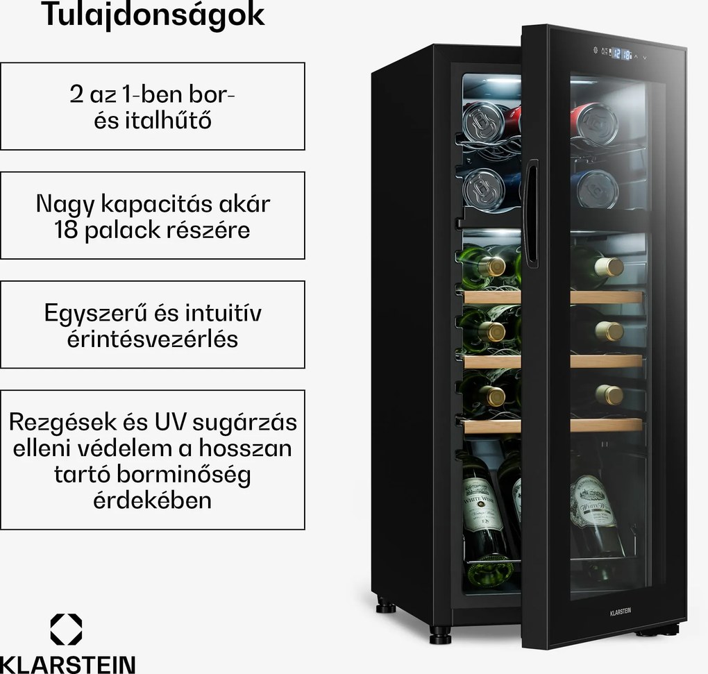 Klarstein Bovella 18 Duo+, 2 zónás borhűtő, 50 liter, 18 palack, üvegajtó